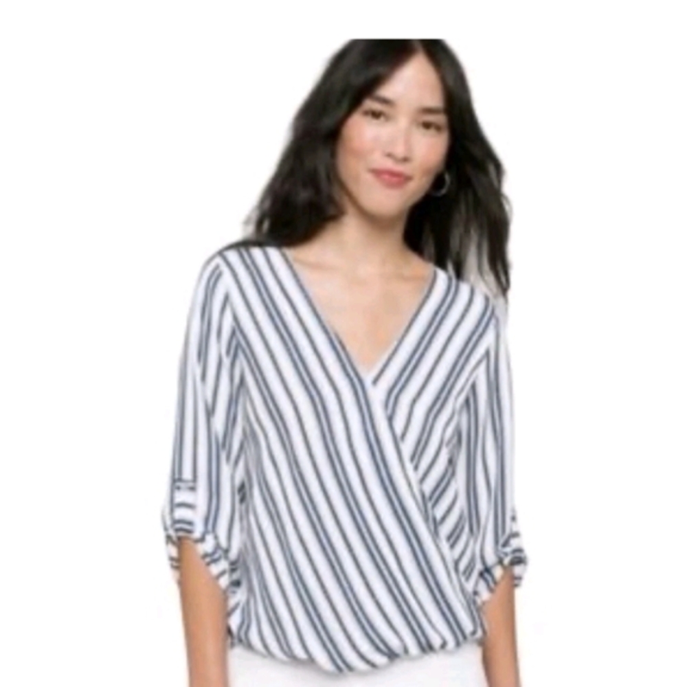 West Kei White and Blue Wrap 3/4 Sleeve Blouse